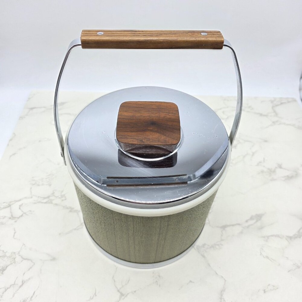 Vintage Kromex Ice Bucket Green Woodgrain Chrome Lid Mid Century Barware USA - Picture 2 of 11